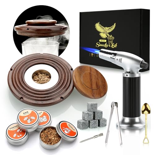 Kit de ahumador de cóctel con Mechero Madera para cóctel, Whisky, Bourbon, Bebida, Queso Kit de Regalo para Fumadores Antiguos para Amantes de la Bebida, papá, Marido-Walnut(Gas Butano No Incluido)