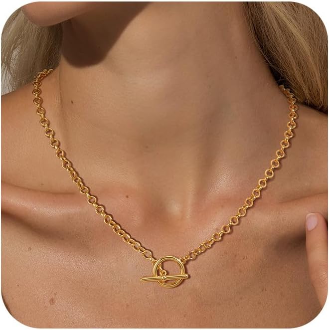 14K Gold Necklace for Women, 14K Gold Plated Chain Necklace Dainty Choker Necklace for Women Trendy Chunky Pendant Necklaces Layering Toggle T-bar Clasp Link Chain Necklace Jewelry