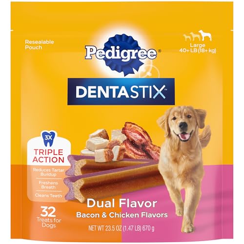 Pedigree Dentastix Dual Flavor Large Breed Dog Treats, Bacon & Ch...