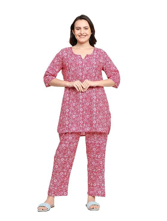 Image of Cotton Printed Co-Ord Set for Women - Nightwear Pajama Set with Pockets | Soft & Breathable Two-Piece Outfit for Sleep & Lounge