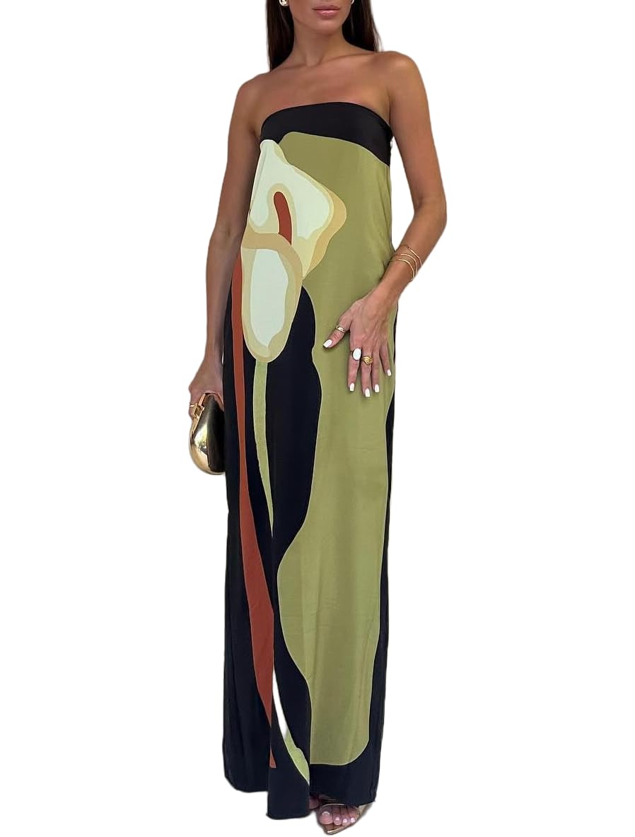 ThiCc Women's Boho Tube Top Maxi Dress - Sexy Summer Backless Strapless Sleeveless Off Shoulder Floral Printed Bodycon Slim Dresses Y2K Streetwear Robes for Party Cocktail (M,Green)