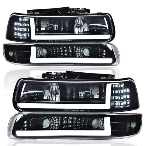 G-PLUS LED DRL Headlights Assembly, Fit For 1999 2000 2001 2002 Chevy Silverado 1500 2500/2001 2002 Silverado 1500HD 2500HD 3500, Driver Side & Passenger Side, Smoky lens Black Housing Clear