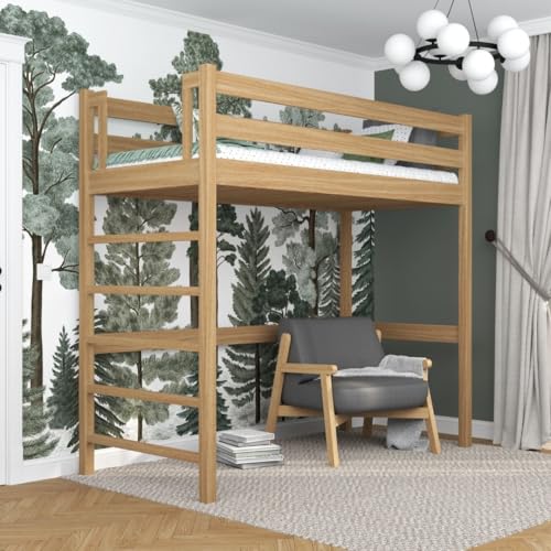 N-wood N01 Hochbett, Etagenbett 120x200 cm, aus Eichenholz, 2 Leitermontageseiten: Links oder rechts, sichere abgerundete Kanten, Stabile Massivholzkonstruktion, inklusive Lattenrost, Natureiche