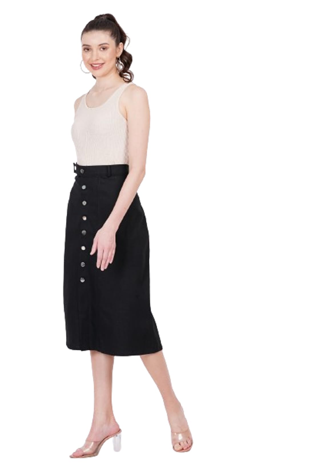 GenericWomen's Denim Skirt with Side Pockets, Black Women Solid Zed Black High-Rise Waist Pure Cotton Slip-On Thigh-High Slit Straight Hem Button Embellished Midi Skirt Women's Elastic Waist