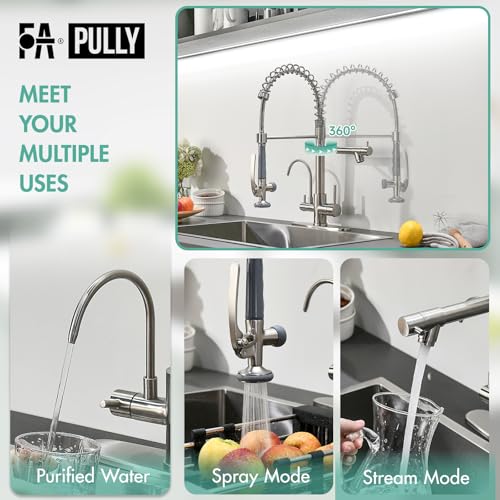 Image of Fapully 3 in 1 Commercial Kitchen Faucet with Sprayer and Water Filler | Brushed Nickel, Kitchen Upgrades,Pull Down Kitchen Sink Faucet with Drinking Water Faucet,llave para fregadero de cocina