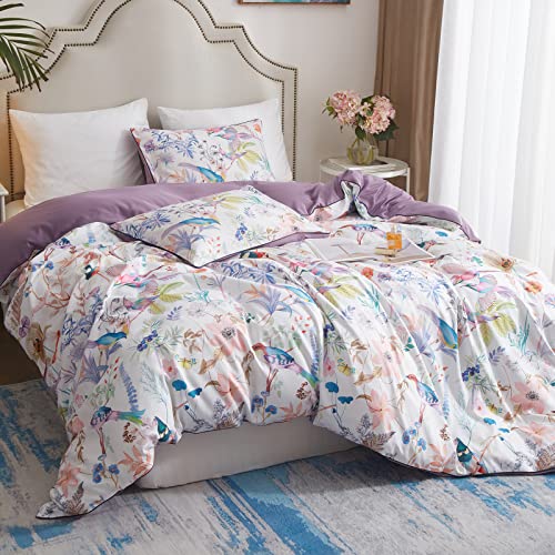 VM VOUGEMARKET Multi Color King Duvet Cover Set with Floral Bird Pattern,White Purple Bedding Set,Lightweight Elegant Botanical Duvet Cover for Girls
