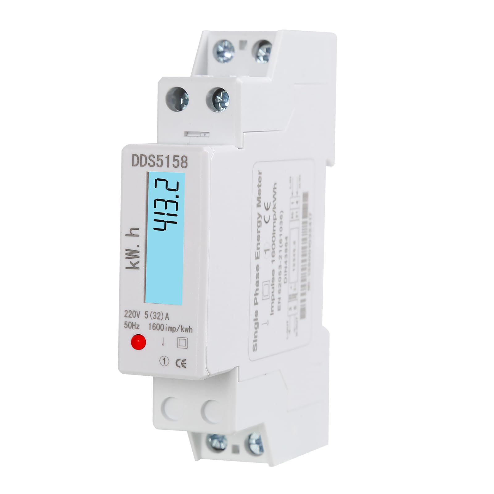 Jadeshay DIN Rail Energy Meter Electric Meter 1P Single Phase Digital KWh 5(32) A 220V 50Hz LCD Backlight Display for Home Solar Power Consumption Monitoring