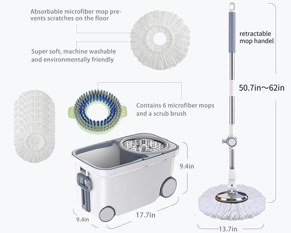 Michao Spin Mop Bucket Deluxe 360 - Sistema de Limpieza de Piso Giratorio con 6 recambios de Cabezal de Microfibra, Mango extendido de 62 Pulgadas, 4 Ruedas para Limpieza del hogar