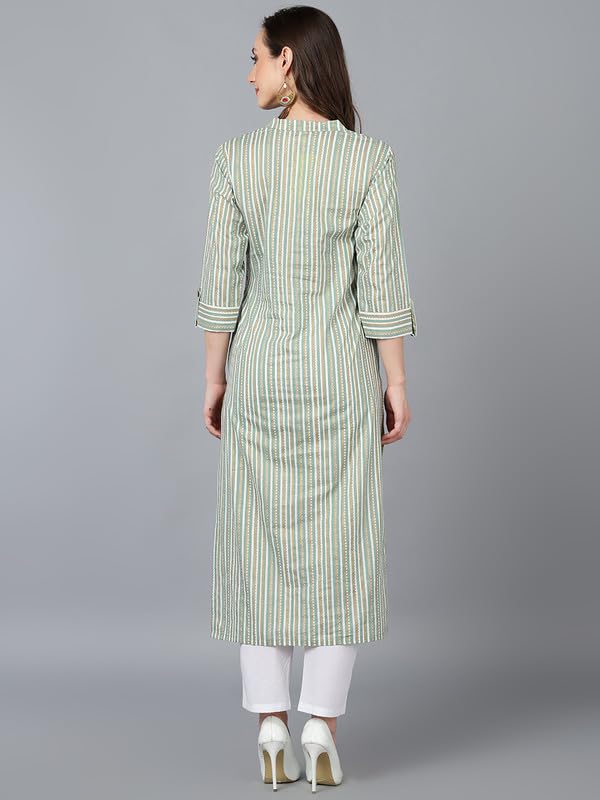 Image of Vaamsi Women's Cotton Striped Printed Kurta (VCK8769 Green)