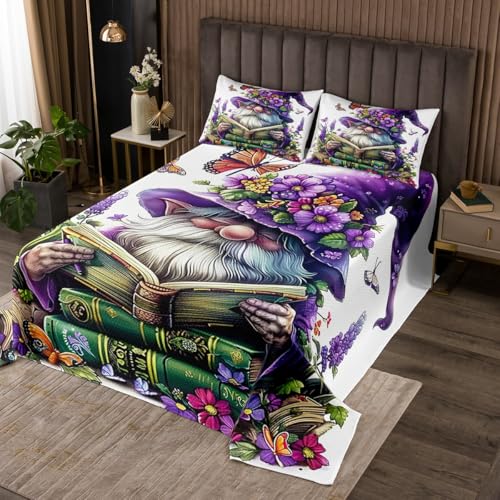 Manfei Cute Gnome Kids Bedspread King Size, Purple Flower Butterfly Book Print Coverlet Set for Boys Girls, Floral Gnome Quilted Coverlet with 2 Pillowcases, Soft Polyester Bedding Quilt