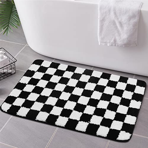 Image of Uphome Bath Mats for Bathroom, Black and White Checkered Machine Washable Bathroom Rug Non Slip, 20x31 Water Absorbent Soft Microfiber Bathroom Mat for Tub, Shower, Floor