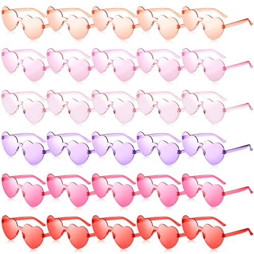 Macarrie 30 Pairs Valentine's Day Heart Shaped Sunglasses Transparent Rimless Heart Party Sunglasses for Women Girls, 6 Colors
