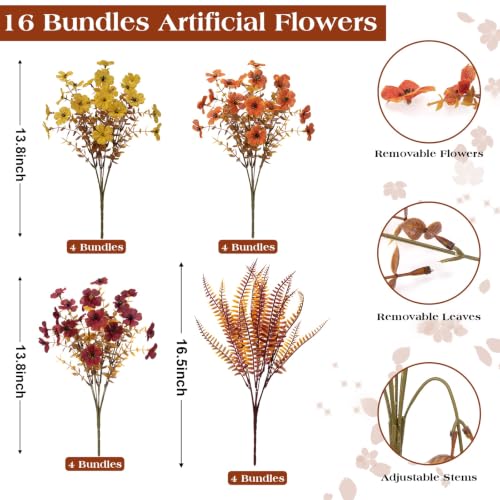 Image of Bassion Artificial Fall Mums for Outdoors Decor, 16 Pcs Fake Fall Flowers | Realistic, faux plants, silk flowers, UV resistant, no fade, outdoor yard porch garden planter window box home autumn decor