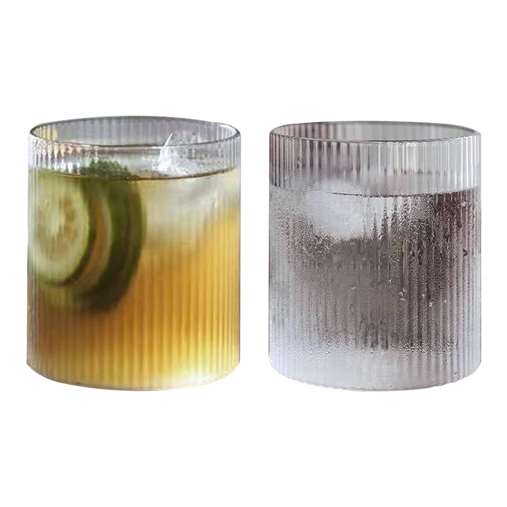 JOYWU 2 Pcs Vintage Drinking Glasses,Ribbed Glass Cups,Wave Shape Iced Coffee Cup,Striped Beverage Cup,Ripple Glassware,Water Glasses,Wine Cup,Cocktail Glasses,Aesthetic Cups (D-300ml)