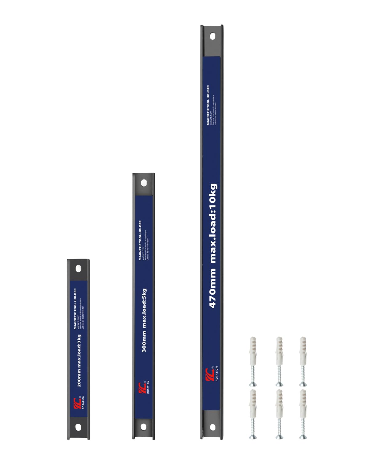 ROTATION Magnetic Tool Holder Set, 18.5”/11.8”/7.8”, 3-Piece Multi-Size Workshop Garage Kitchen Organizer, Heavy Duty Magnet Strips with Mounting