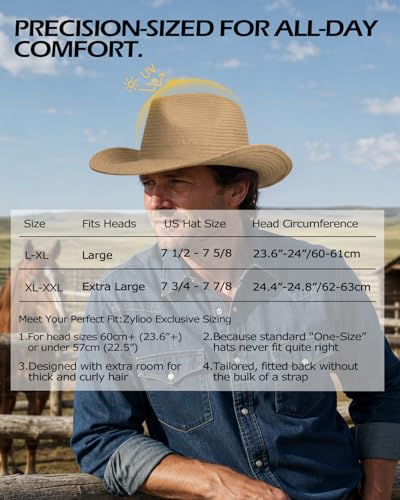 Image of Zylioo XXL Straw Cowboy Hat,Large Size Western Cowgirl Hat,Wide Brim Summer Sun Hats,Breathable Beach Travel Hats