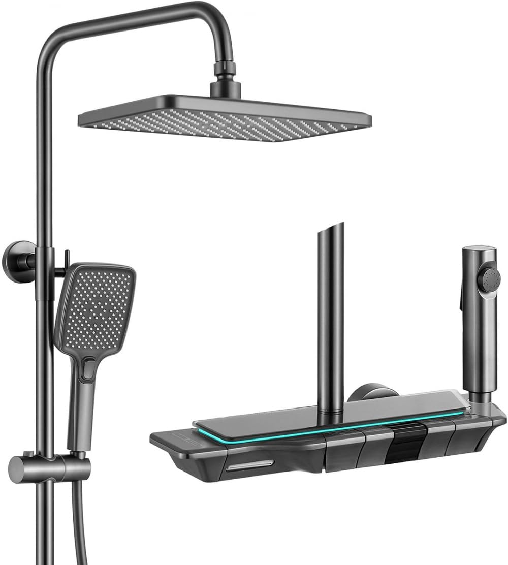 OZBMA Ornaments Thermostatic Shower System, Faucet Set with Ambient Lighting, Square Waterfall Bath Tap, Hydroele