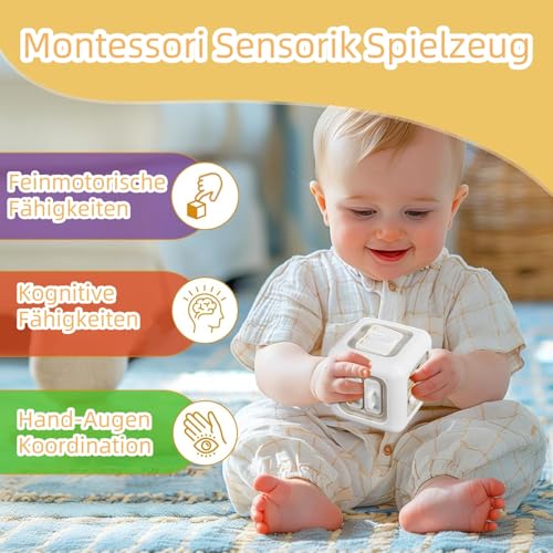VORENUS Baby Spielzeug ab 1 Jahr, Montessori Spielzeug für 12-24 Monate, 6 in 1 Baby Motorikwürfel Motorikspielzeug, Montessori Sensorik Spielzeug für Kleinkinder Jungen Mädchen 1-3 Jahr
