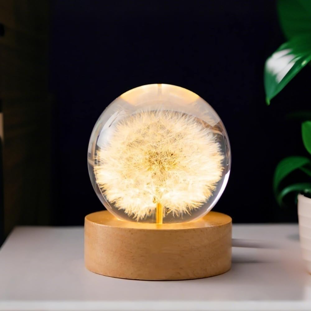 Dandelion Crystal Ball Night Light, 2.36 inch Real Preserved Dandelion in Resin, LED Wooden Base Lamp with Switch, for Mom, Teacher, Christmas, Birthday, Valentine's Day