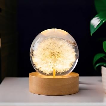 Dandelion Crystal Ball Night Light, 2.36 inch Real Preserved Dandelion in Resin, LED Wooden Base Lamp with Switch, for Mom, Teacher, Christmas, Birthday, Valentines Day