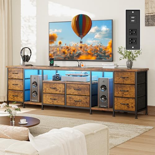 Image of 75.5 inch Long TV Stand for 85 /80 /75 Inch TVs LED Entertainment Center with Power Outlets & 10 Storage Drawers, Television Stands with 2 Separate Wood Shelves for Bedroom Living Room, Rustic Brown