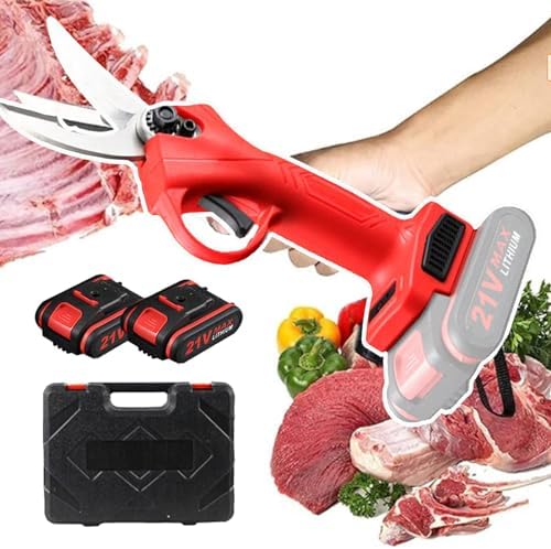 Cordless Electric Kitchen Bone Scissors - Multi-Function Poultry Shears for Chicken, Meat, Fish, Seafood & Vegetables - Battery-Powered Food Scissors with 2 x 21V Lithium Batteries, Red