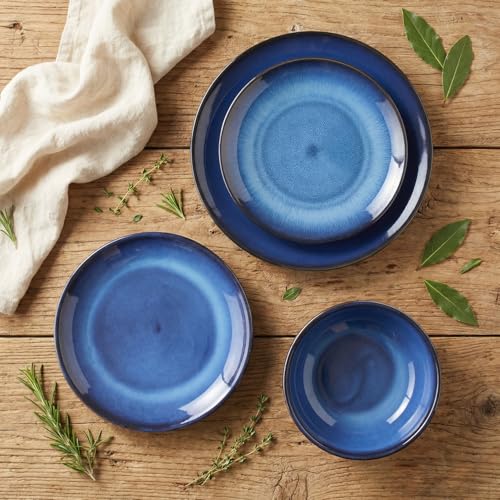 Image of Ceramic Plate and Bowl Set, 16 Pieces, Dinnerware Set, Serves 4, Modern Dinner Salad Plate | Cereal Bowl, Microwave and Dishwasher Safe Kitchenware, Starry Blue