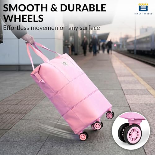 Image of Btag Travel Duffle Bag with Wheels | Convertible Handbag, Trolley & Shoulder Luggage for Clothes |Space-Saving Foldable Travel Companion |Expandable & Waterproof Traveling Bag for Unisex (Sakura Pink)