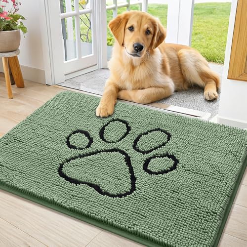 Image of Smiry Dog Door Mat for Muddy Paws, Absorbent Dirt Trapper Non Slip Quick Dry Washable Chenille Mat for Mud Dogs, Entry Rug for Indoor and Outdoor (36x24 Inches, Olive Green and Black)