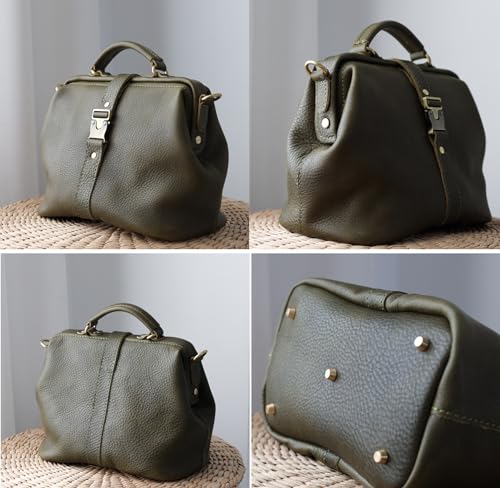 Image of Handmade Leather Doctor Bag for Women, Vintage Frame Satchel, Large Capacity Work Handbag, Soft Genuine Leather Shoulder Tote