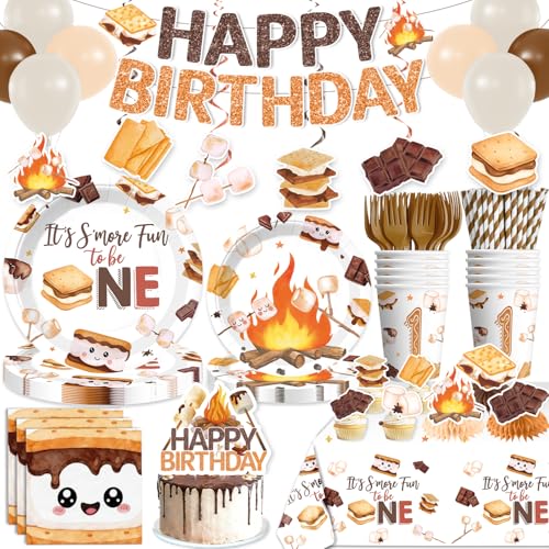 Xynic Smore Fun to be One Birthday Decorations Complete Tableware Set for 25 Guests Its Smore Fun to be One First Birthday includes Banner Balloons Cake Topper Plates Cups Napkins Tablecloth