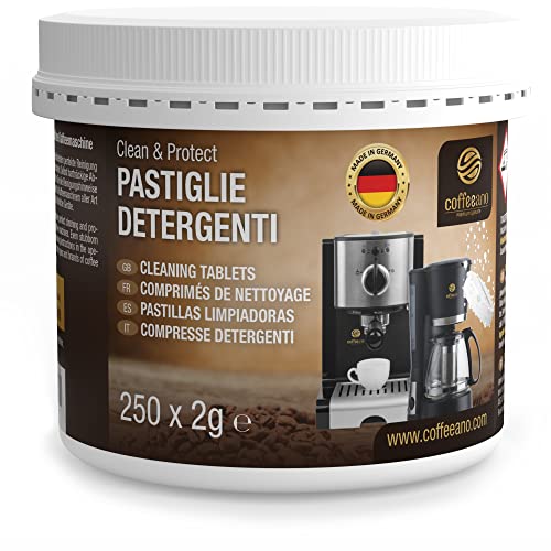250 pastiglie detergenti Coffeeano per macchine da caffè superautomatiche e macchine da caffè Clean&Protect. Pasticche detergenti compatibili con ogni marca. Incl. eBook