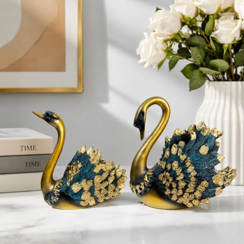 Image of eCraftIndia Set of 2 Golden Swan Showpieces for Home Decor | Decorative Swan Pair Figurines with Blue & Gold Feather Design | Modern Tabletop Sculpture for Living Room, Office & Gifting