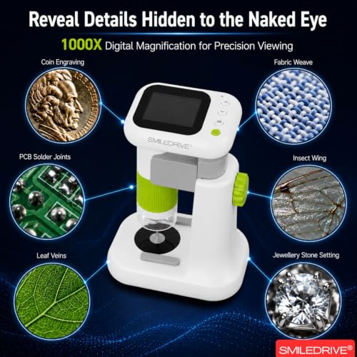 Image of SMILEDRIVE Digital Mini Microscope for Kids with 1000X Magnification | 2.4 Inch IPS Screen | USB PC Connectivity | 8 Led lights & 1 backlight | HD Photo & Video Recording | Handheld & Rechargeable