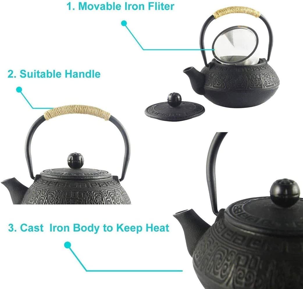 Tetsubin Japonés Tetera de Hierro Fundido, Tetera de Hierro Fundido con Infusor de Acero Inoxidable para Té de Hojas Sueltas, Tetera Revestida con Interior Esmaltado, Patrón Antiguo 600ml/20oz