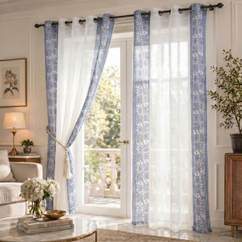 Image of LINENWALAS Decorative Cotton Linen Sheer Curtains 6 Feet for Window -Block Printed Door Curtain | Grommet Hanging Style Pack of 2 Panels |Light Filtering Sheer Drapes (Navy Bandhani)