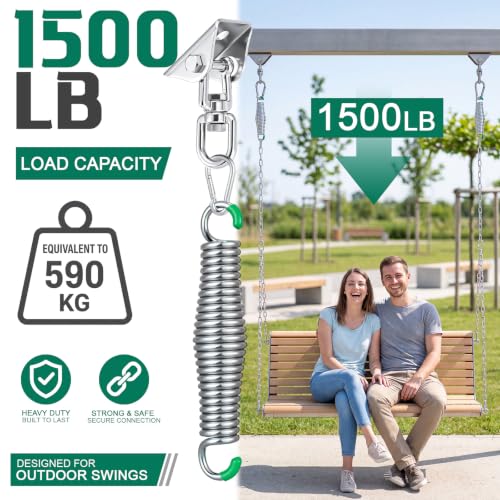 Image of Hicarer Porch Swing Hanging Kit with Springs 8ft Y-Chains Swivel,Sliver