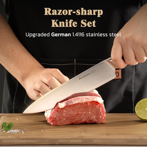 Image of Astercook Knife Set, Kitchen Knives Set with Block and Sharpener Full Tang 17 Pcs German Stainless Steel Knives Sharp Blade Dishwasher Safe Premium Knife Set, Black Father Day Gifts for Men