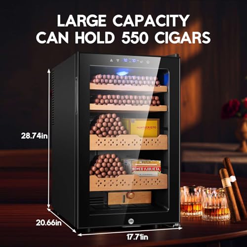 Image of Tylza Cigar Humidor Cabinet 70L, Temp & Humidity Control Electric Humidors for Cigars, 550 Cigars, Digital Hygrometer, Safety Lock, Cigar Humidors with Cedar Wood Drawer Shelves, Cigar Gifts for Men