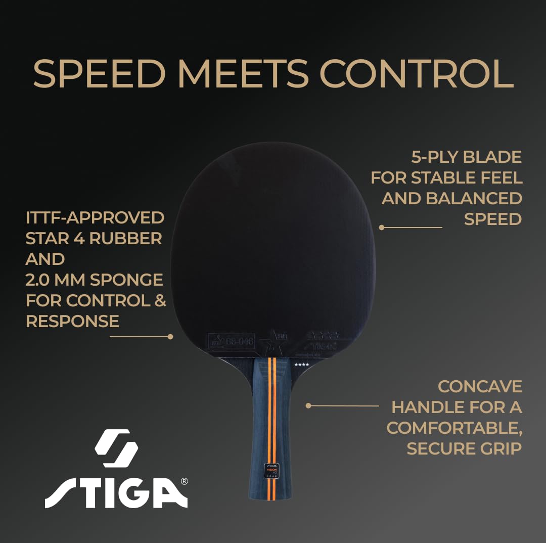 STIGA Vision V2 Racchetta da Ping Pong a 4 Stelle – Velocità e Controllo, Telaio 5 Strati, Impugnatura Concava, Crystal Tech, Gomma ITTF 2.0 mm