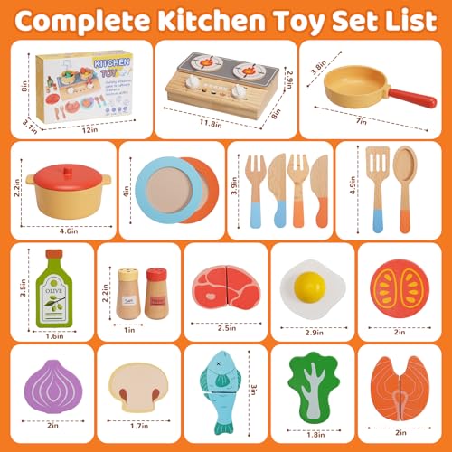 ODRIEW Wooden Play Kitchen Accessories, 23Pcs Kids Cooking Sets Real with Storage Stove, Pots & Pans, Cutting Play Food, Montessori Gifts Toy Kitchen Sets for Toddlers 3-5 Girls Boys - Image 4
