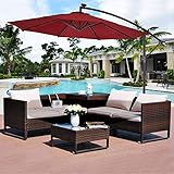 10' Hanging Solar LED Umbrella Patio Sun Shade Offset Market W/Base Burgundy
