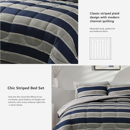 Image of Monbix Queen Comforter Set - 7 Pieces Bed in a Bag Queen, Light Grey-Stripe Bedding Sets, All Seasons Comforter Bed Set with Sheets, Pillowcases & Shams