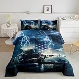 Camo Soldier Comforter Set Twin for Boys Teen Military Camouflage Vintage American Flag Down Comforter Blue Lightning Retro Usa National Flag Quilted Duvet for Adult Kids Men Bedroom Decor