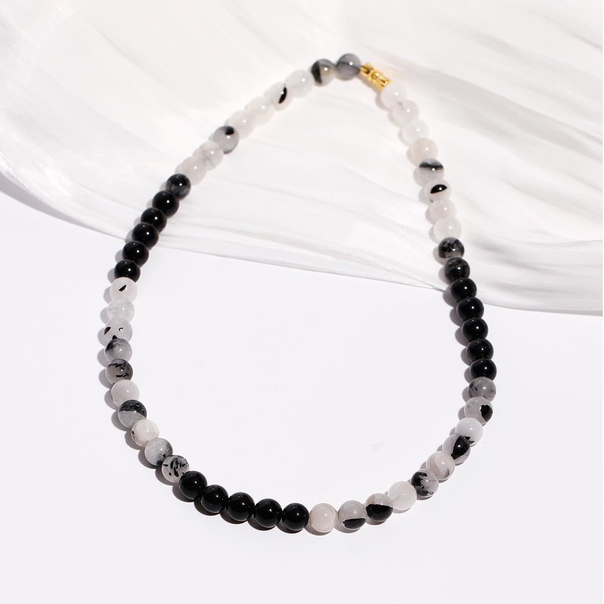 Black Obsidian/Rutilated Quartz Beaded Crystal Chokers Necklaces for Women and Men Energy Power Healing Crystals Unisex Jewelry Strand Necklace 18"