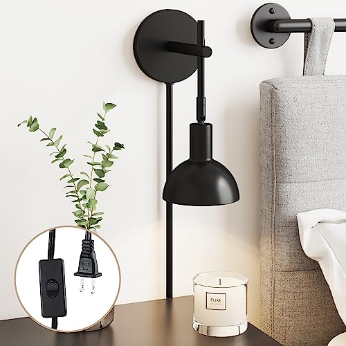 Image of Nathan James Tamlin Wall Light Fixture, Wall Mounted 1-Light Lamp, Plugin Sconce with On /Off Switch for Living Room, Reading Nook or Bedroom, Matte Black