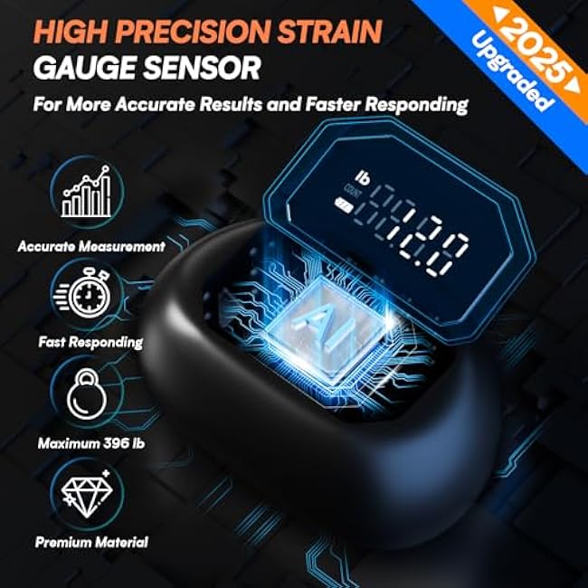 Hand Grip Strength Tester Trainer - HICHOR Rechargeable Mini Hand Strength Dynamometer for Hand Palm and Finger Workouts with Finger Exerciser and Stretcher Exercise Equipment Black Orange