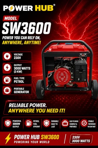 Image of POWER HUB SW3600-3000 Watts OR 3KW Powered Self Start Generator With Heavy Duty Engine|Home & Commercial Use|Petrol Generator|1 Year Warranty & Life Time Spares Supply