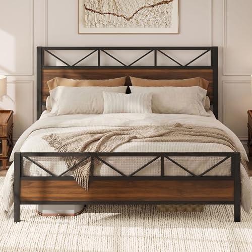 Image of LIKIMIO King Bed Frame, Tall Industrial Headboard 51.2 inch, Platform Bed Frame with Strong Metal Support, Solid and Stable, Noise Free, No Box Spring Needed, Easy Assembly, Walnut