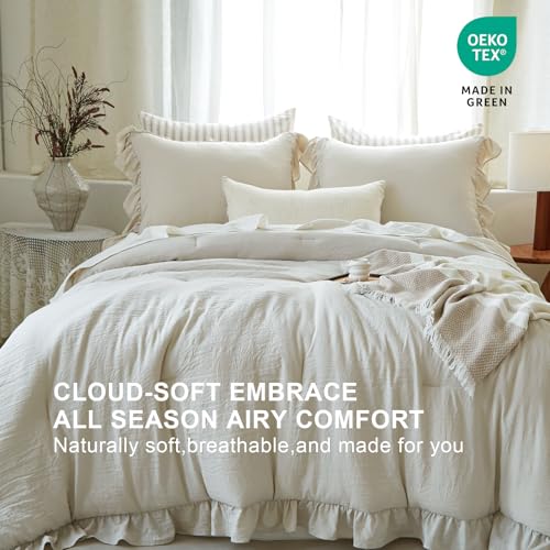 Image of Beige Ruffle Comforter Set King, Pre-Washed Shabby Chic Bedding Set, Lightweight Cottagecore Soft Romantic Cozy 1 Comforter & 2 Shams, All-Season